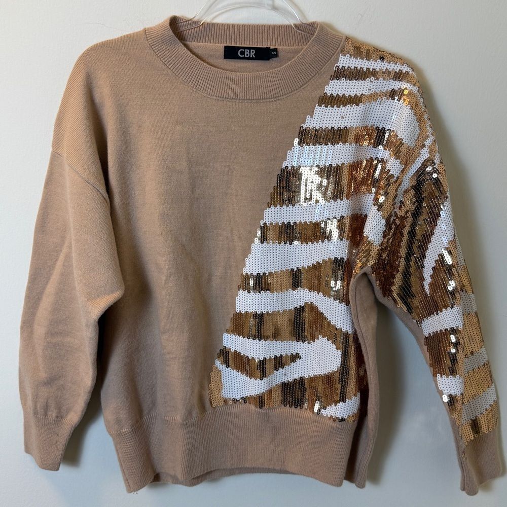CBR Beige Sequin Zebra Stripe Crewneck Sweater Size Small